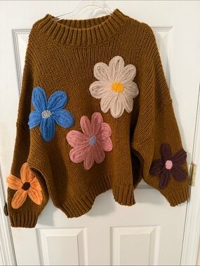 Polagram Mustard Brown Knit Sweater with Multicolor Flower Appliqués. New